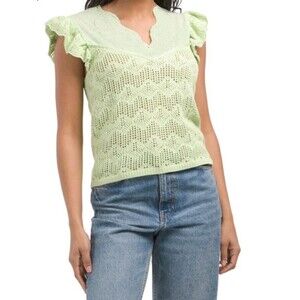 Adiva Women's Flutter Short Sleeve Crochet Sweater Top Size L